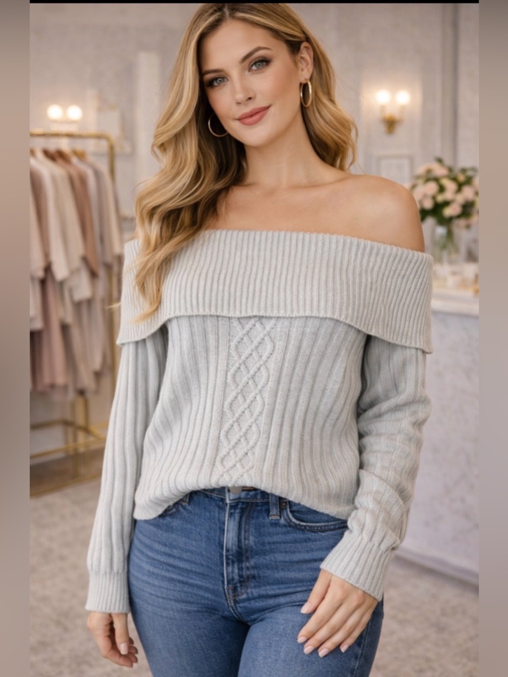 Dressbarn Off Shoulder Cable Knit Sweater Gray Size L